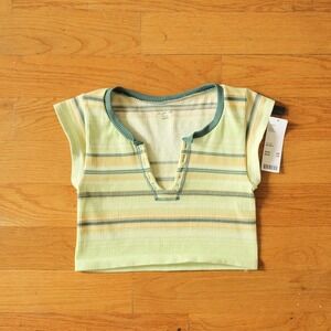 UO Out From Under Ribbed Henley Top Womens Green Striped Indie Crop M/L New